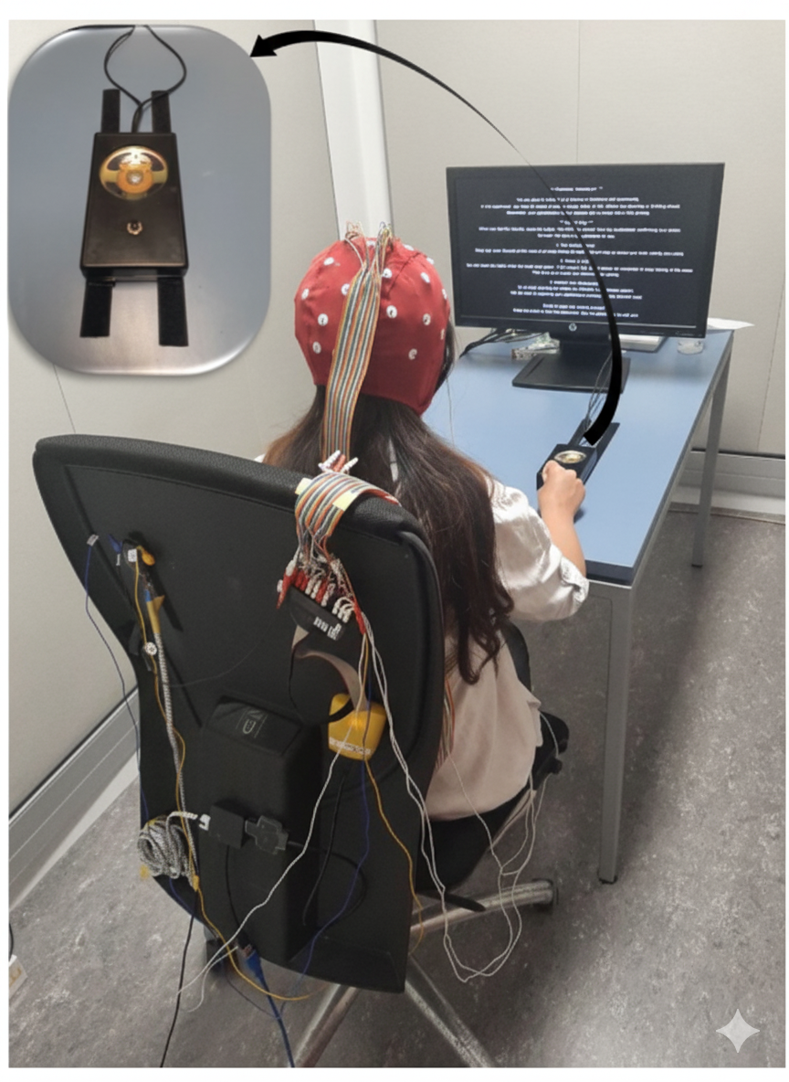 Participant wearing EEG cap and ready to press button